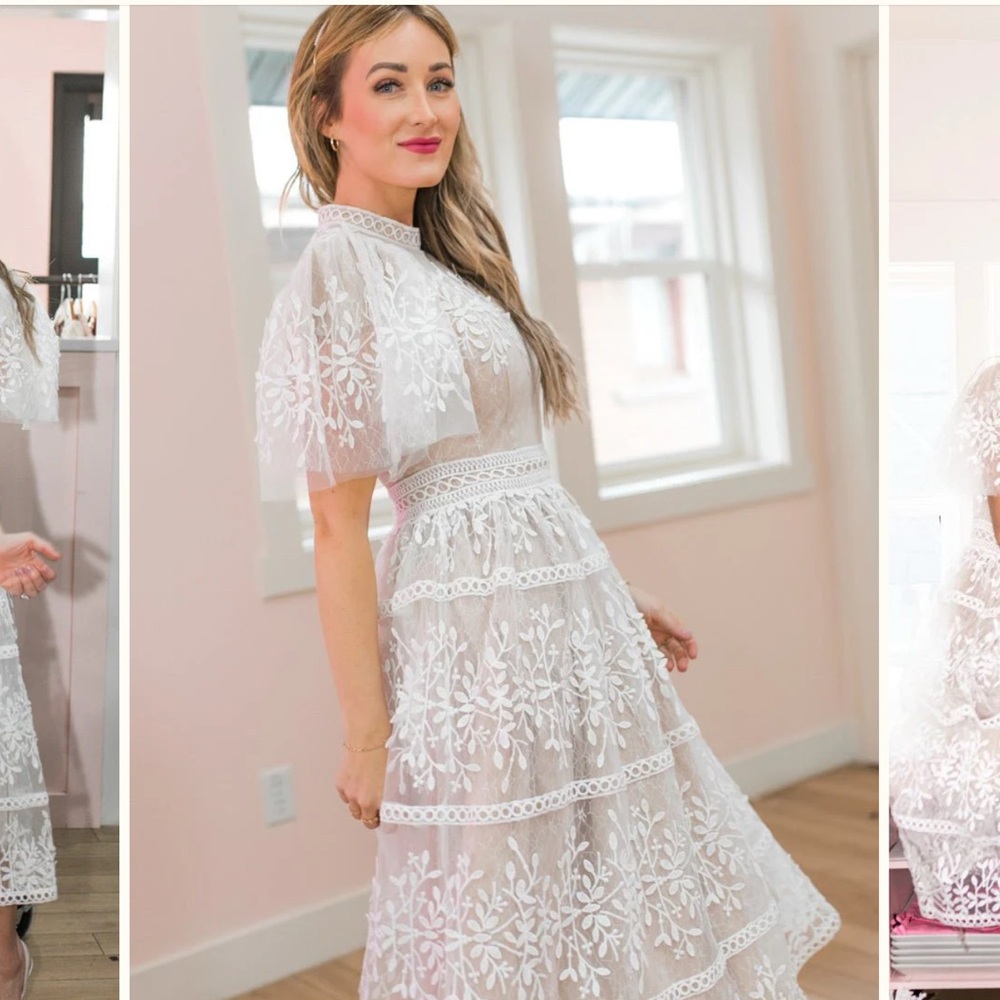 White Lace Overlay Bridal Midi Dress🤍👰🏽‍♀️